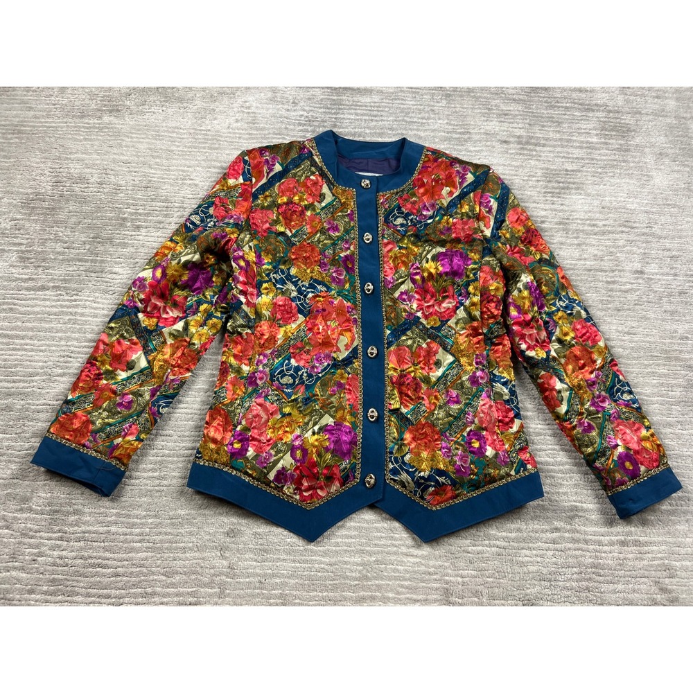 Howard Wolf Blazer Womens 4‎ Teal Floral Patchwork Quilted Vintage Button Front